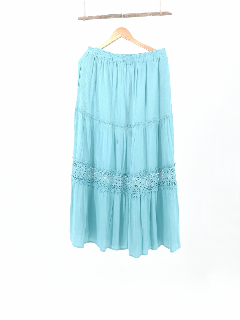 ✨Mero Keety Aqua Turquoise 100% Rayon Tiered Crochet Maxi Skirt✨